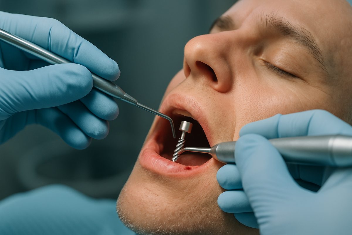 A close-up of a dentist's hands carefully placing a dental implant into a patient's jaw, showcasing the precision and expertise required for the procedure. The image focuses on the implant site with sterile instruments and a calm atmosphere to convey professionalism and care. No text on image.