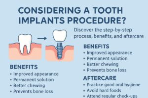 Image of a dentist explaining the tooth implant procedure to a patient while pointing to a digital scan of the patient's mouth. The dentist is wearing blue surgical gloves and a mask. No text on image.