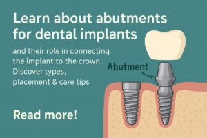 Close-up of dental abutments being placed on top of dental implants, ready to connect to a dental crown. No text on the image.