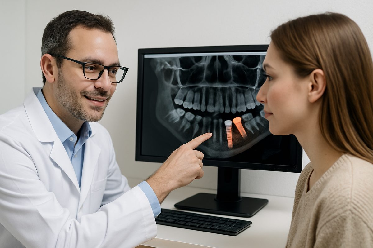 A caring dental implants doctor is consulting with a patient, pointing to a 3D scan of their mouth highlighting where the implant will be placed. No text on the image.