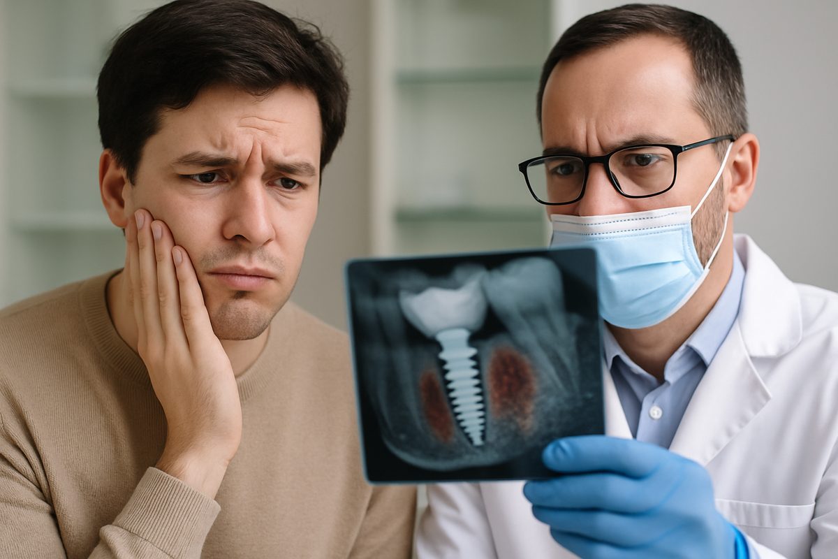 Worried patient with a concerned expression, holding their cheek, contrasted with a dentist or oral surgeon looking at an x-ray of a dental implant with a focused expression. The X-ray shows a dental implant with signs of bone loss or inflammation. No text on image.