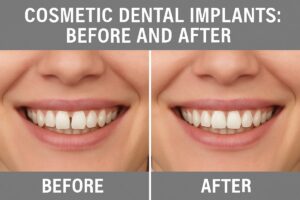 A before and after image demonstrating a cosmetic dental implant patient. The before side showing a missing tooth, and the after showing a natural looking implant. Text on the image says "Cosmetic Dental Implants: Before and After"