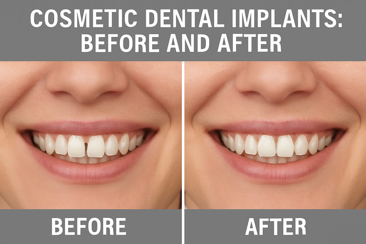 A before and after image demonstrating a cosmetic dental implant patient. The before side showing a missing tooth, and the after showing a natural looking implant. Text on the image says "Cosmetic Dental Implants: Before and After"
