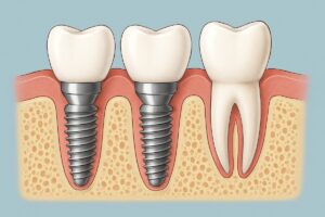A dentist specializing in implants consults with a patient, showing them a 3D model of dental implants and jawbone. The dentist is pointing to a specific area on the model, explaining the implant procedure. No text on the image.
