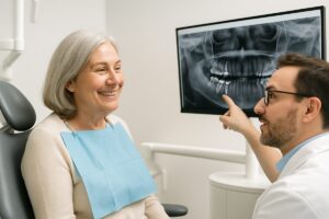 A smiling, mature woman is sitting in a dental chair, consulting with a friendly male dentist about options for "dental implants near me". The dentist is pointing to a digital 3D scan or X-ray on a screen, showing the implant placement. No text on the image.