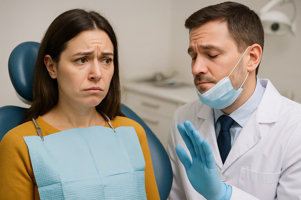 A close-up image of a concerned patient in a dental chair, looking at a dentist who is shaking his head, suggesting they are not a good candidate for dental implants. No text on the image.