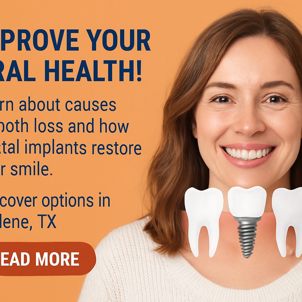 A close-up image of a dentist placing an oral implant into a patient's jaw, with dental tools and equipment visible. No text on the image.