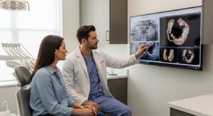 Dentist consulting with a patient in a modern dental office